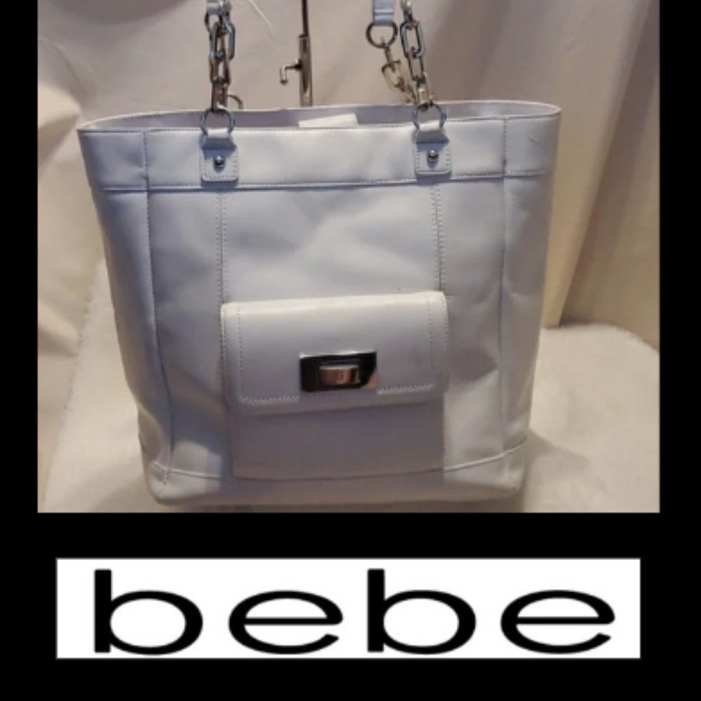 bebe Silver and White Leather Totebag